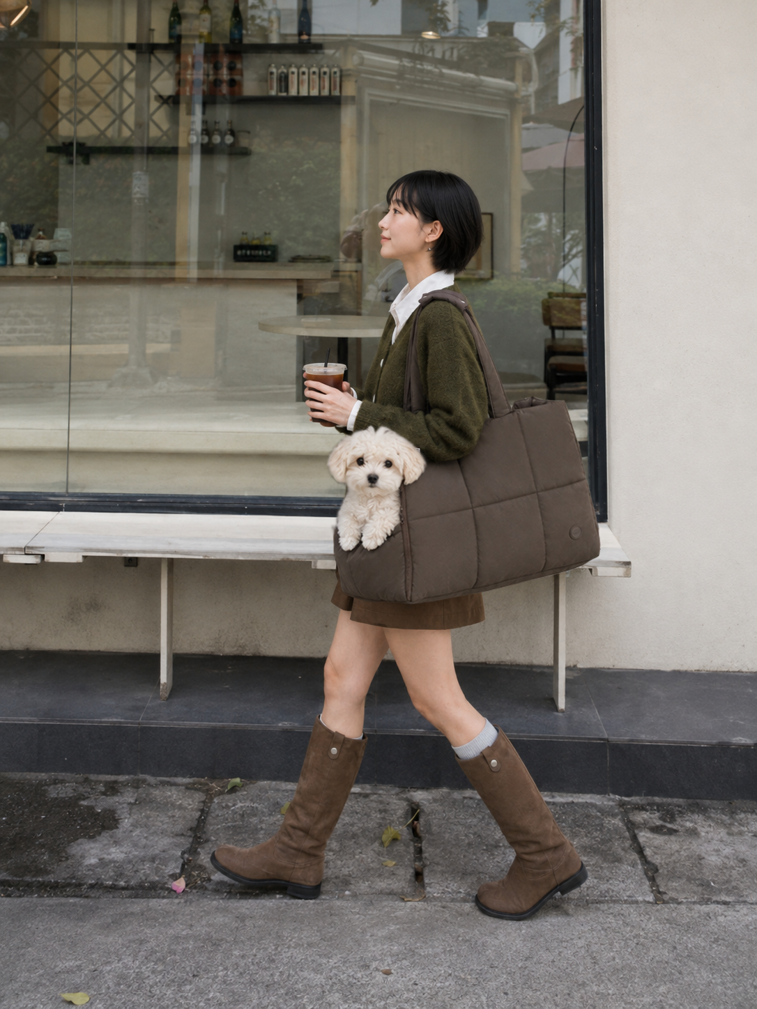 カフェへ向かう飼い主とブラウンのFUWAIバッグ