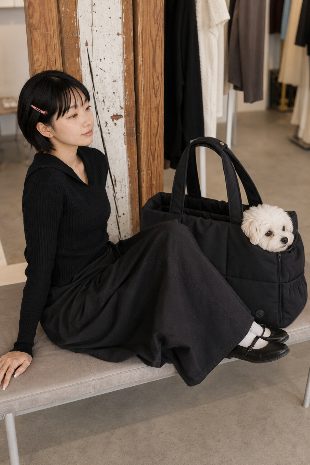 ブラックのFUWAIバッグで過ごす白い犬