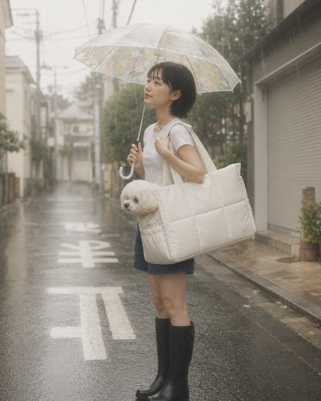 雨の日にホワイトのFUWAIバッグで出かける様子